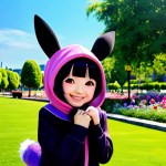 A professional illustration depicting My Melody and Kuromi together in a vibrant, family-friendly outdoor setting. My Melody is shown with her signature pink hood, radiating innocence and kindness with a gentle, sweet smile. Beside her, Kuromi displays her playful, slightly mischievous but warm personality in her iconic black and purple jester-like hood. They are engaged in a lighthearted, natural pose, perhaps with Kuromi playfully nudging My Melody. The background features a cheerful park with lush greenery and soft, colorful flowers, bathed in bright, inviting sunlight. The overall image showcases their unique chemistry and complementary personalities, rendered with perfect anatomy, correct proportions, and well-formed character features. Fully clothed, appropriate attire, safe for work, appropriate content, family-friendly, professional quality, high definition.
