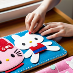 A close-up shot of skilled hands, fully clothed in modest attire, meticulously crafting various DIY Sanrio characters and items on a clean, well-lit wooden crafting table. The table is adorned with vibrant materials like colorful felt, soft fabric, intricate paper cutouts, small pots of acrylic paint, and shimmering glitter. Visible items include a partially finished Hello Kitty felt keychain, a Cinnamoroll clay figurine, and a My Melody fabric coaster. The focus is on the precision and joy of creation, with a cozy, inviting home background softly blurred. The scene exudes creativity and a passion for handmade crafts. perfect anatomy, correct proportions, well-formed hands, natural body proportions, professional photography, high quality, safe for work, appropriate content, fully clothed, family-friendly.