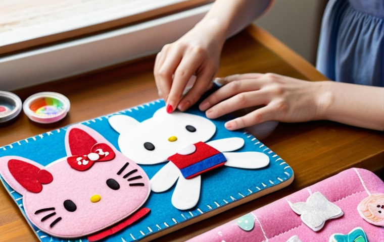 A close-up shot of skilled hands, fully clothed in modest attire, meticulously crafting various DIY Sanrio characters and items on a clean, well-lit wooden crafting table. The table is adorned with vibrant materials like colorful felt, soft fabric, intricate paper cutouts, small pots of acrylic paint, and shimmering glitter. Visible items include a partially finished Hello Kitty felt keychain, a Cinnamoroll clay figurine, and a My Melody fabric coaster. The focus is on the precision and joy of creation, with a cozy, inviting home background softly blurred. The scene exudes creativity and a passion for handmade crafts. perfect anatomy, correct proportions, well-formed hands, natural body proportions, professional photography, high quality, safe for work, appropriate content, fully clothed, family-friendly.