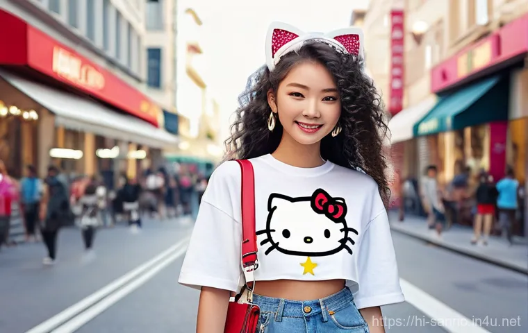 산리오와 서브컬처 커뮤니티 - **Prompt Title: Hello Kitty Urban Fashionista**
    A stylish teenage girl (around 16-18 years old) ...