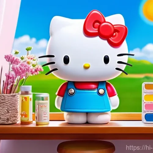Home 4 산리오 애니메이션과 인기 에피소드 소개 - **Prompt:** A whimsical illustration of Hello Kitty, depicted as a "Super Style!" artist. She is wea...