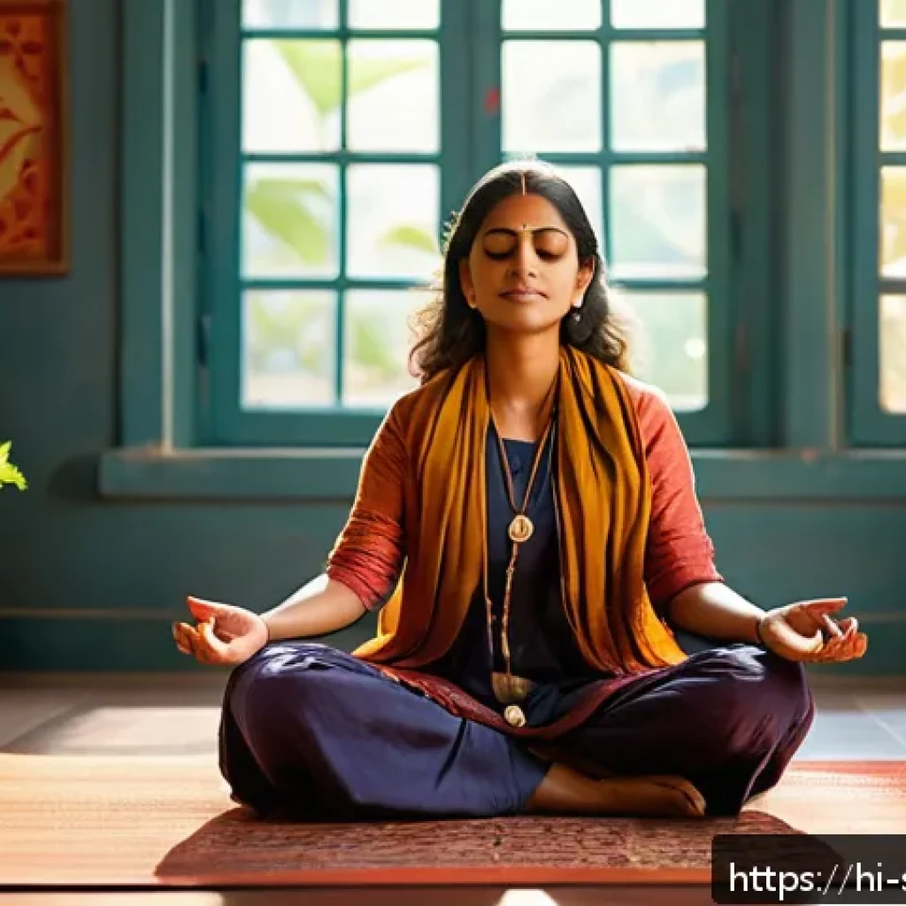 구데타마의 철학적 명언 모음 - A serene Indian woman sitting cross-legged on a traditional colorful rug in a sunlit room, practicin...