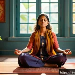구데타마의 철학적 명언 모음 - A serene Indian woman sitting cross-legged on a traditional colorful rug in a sunlit room, practicin...