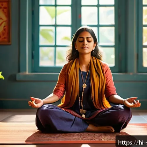 구데타마의 철학적 명언 모음 - A serene Indian woman sitting cross-legged on a traditional colorful rug in a sunlit room, practicin...