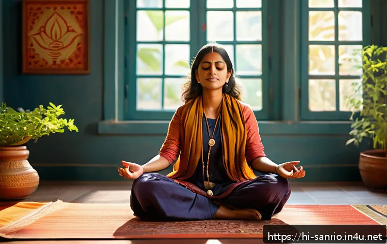 구데타마의 철학적 명언 모음 - A serene Indian woman sitting cross-legged on a traditional colorful rug in a sunlit room, practicin...